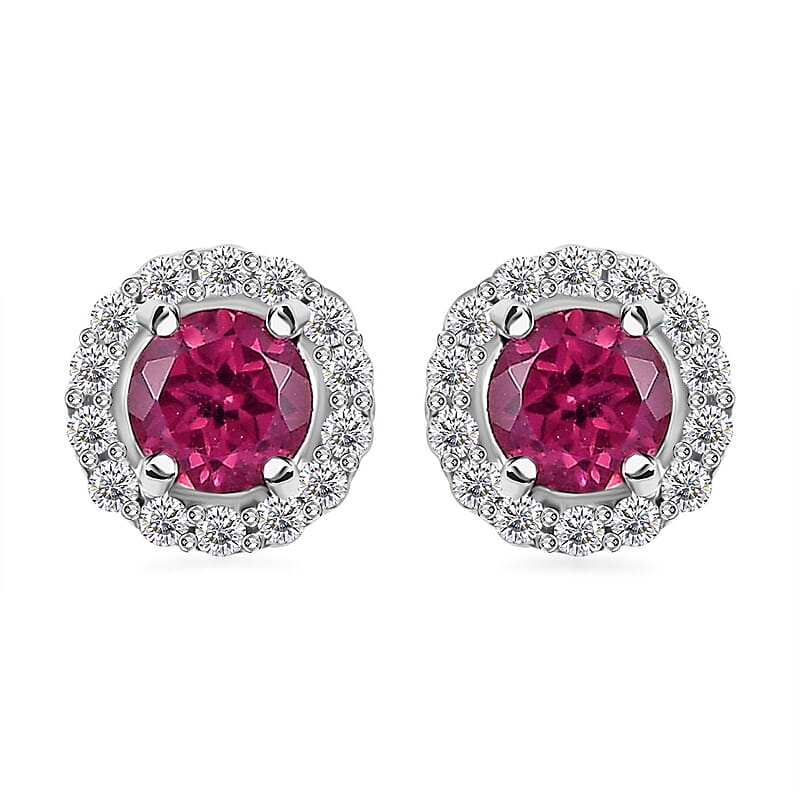 Tanzanian Wine Garnet and White Zircon Halo Stud Earrings in Rhodium Over Sterling Silver 1.00 ctw