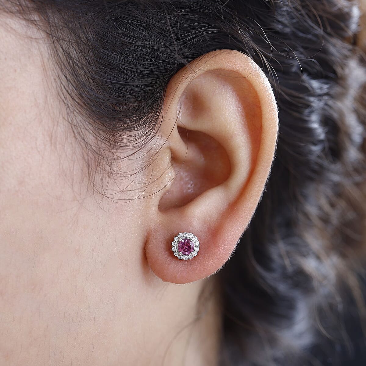 Tanzanian Wine Garnet and White Zircon Halo Stud Earrings in Rhodium Over Sterling Silver 1.00 ctw image number 2