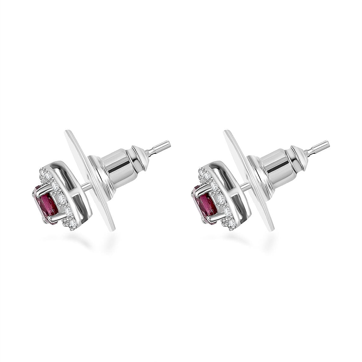 Tanzanian Wine Garnet and White Zircon Halo Stud Earrings in Rhodium Over Sterling Silver 1.00 ctw image number 3