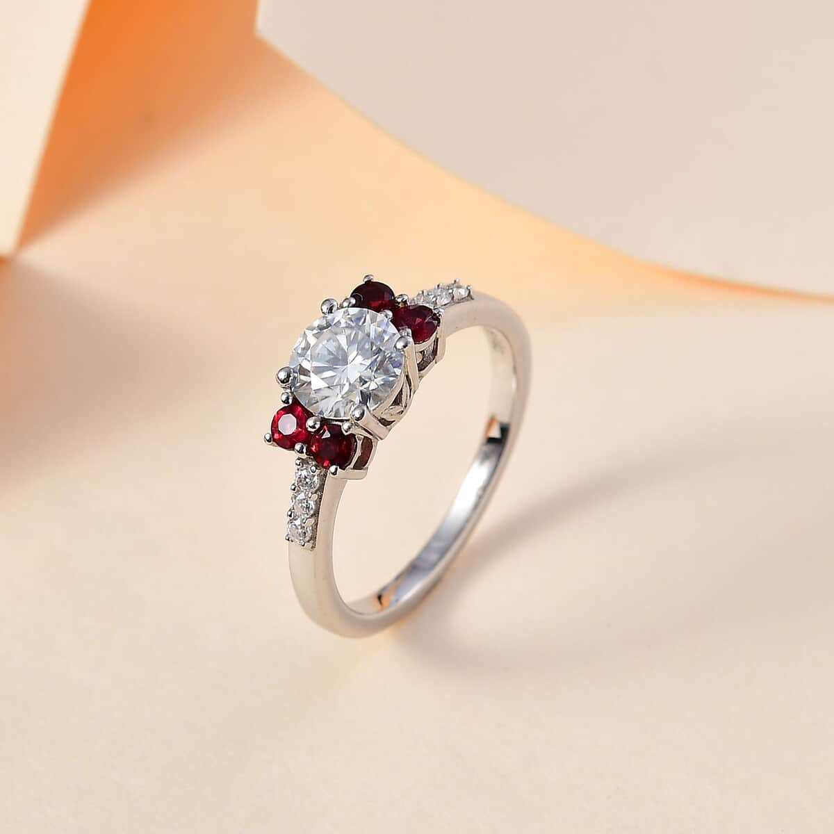 Moissanite (Rnd 6.5 mm), Anthill Garnet Ring in Platinum Over Sterling Silver (Size 10.0) 1.40 ctw image number 1