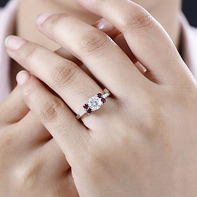 Moissanite (Rnd 6.5 mm), Anthill Garnet Ring in Platinum Over Sterling Silver (Size 10.0) 1.40 ctw