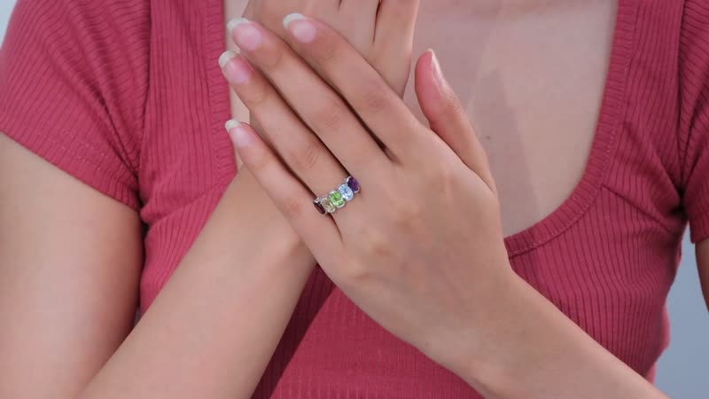 Premium Multi Gemstone 5 Stone Ring in Platinum Over Sterling Silver 4.20 ctw