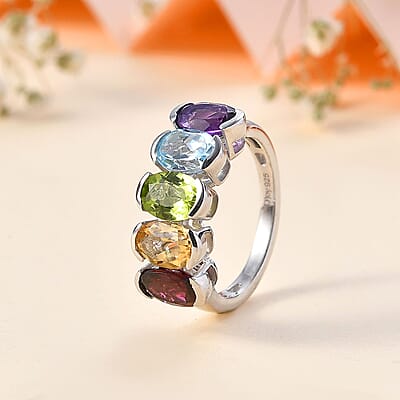 Premium Multi Gemstone 5 Stone Ring in Platinum Over Sterling Silver (Size 10.0) 4.20 ctw