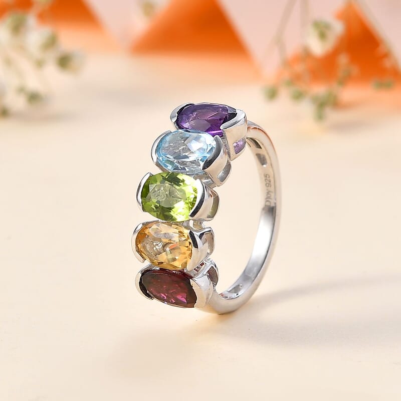 Premium Multi Gemstone 5 Stone Ring in Platinum Over Sterling Silver (Size 10.0) 4.20 ctw