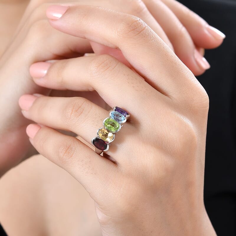 Premium Multi Gemstone 5 Stone Ring in Platinum Over Sterling Silver (Size 10.0) 4.20 ctw