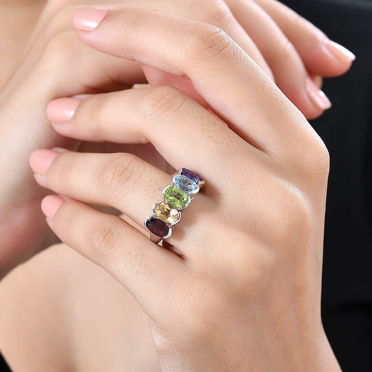 Premium Multi Gemstone 5 Stone Ring in Platinum Over Sterling Silver (Size 7.0) 4.20 ctw image number 2
