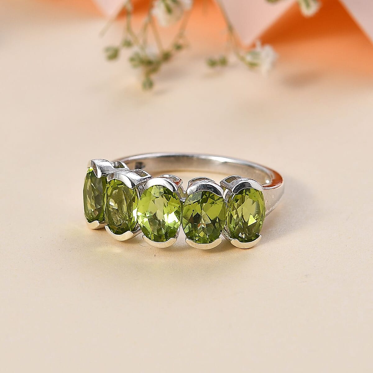 D'Joy Premium Peridot 5 Stone Ring in Platinum Over Sterling Silver (Size 6.0) 3.90 ctw image number 1