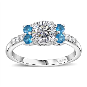 Moissanite and Malgache Neon Apatite Ring in Platinum Over Sterling Silver (Size 6.0) 1.35 ctw