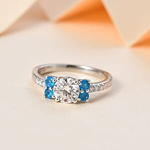 Moissanite and Malgache Neon Apatite Ring in Platinum Over Sterling Silver (Size 6.0) 1.35 ctw