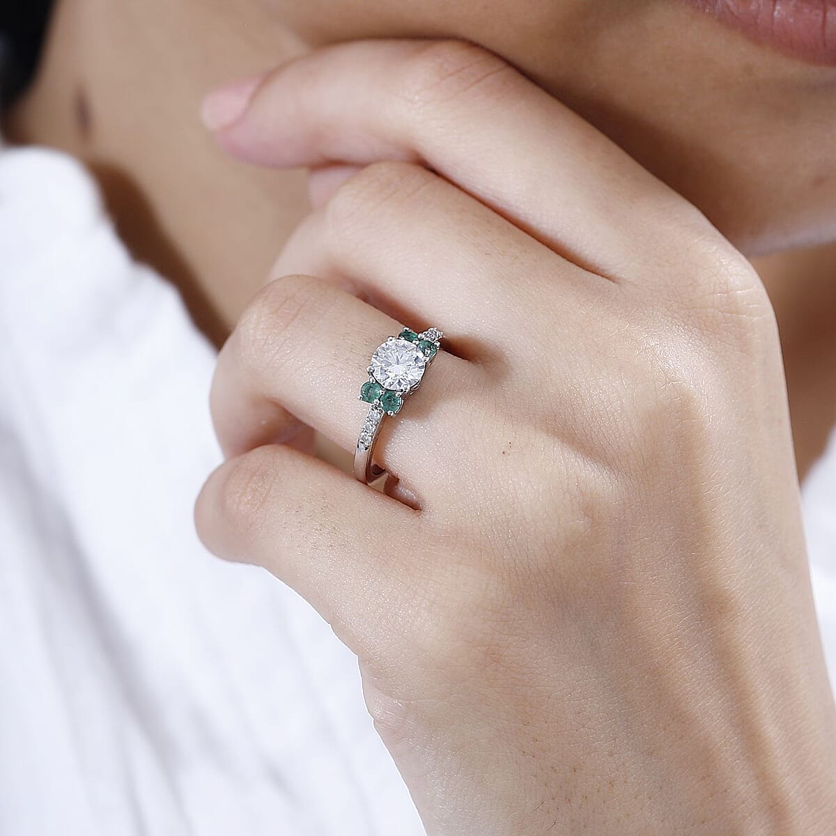 Moissanite and Malgache Neon Apatite Ring in Platinum Over Sterling Silver (Size 7.0) 1.35 ctw image number 2