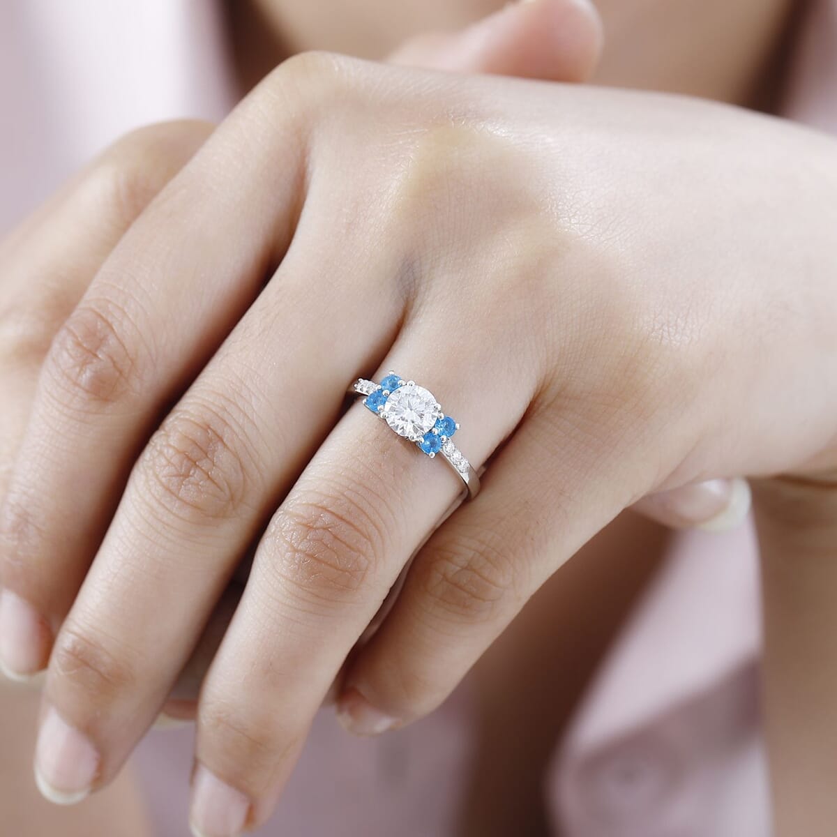 Moissanite and Malgache Neon Apatite Ring in Platinum Over Sterling Silver (Size 8.0) 1.35 ctw image number 2