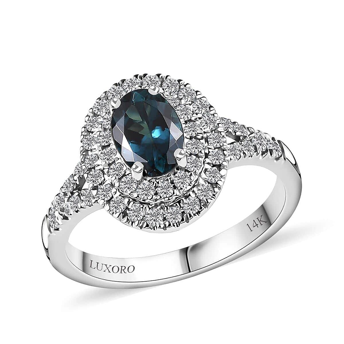 Luxoro 14K White Gold AAAA Monte Belo Indicolite and G-H I2 Diamond Double Halo Ring (Size 6.0) 1.30 ctw