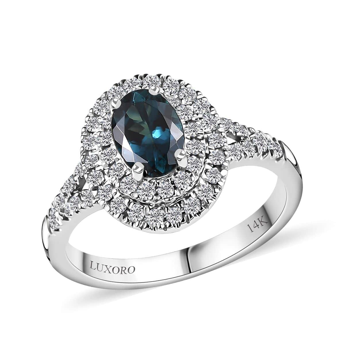 Luxoro 14K White Gold AAAA Monte Belo Indicolite, Diamond (G-H, I2) (0.45 cts) Double Halo Ring (Size 7.0) 1.30 ctw image number 0