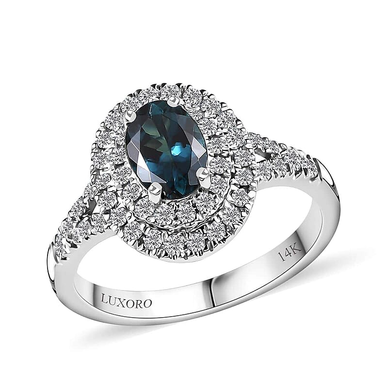 Luxoro 14K White Gold AAAA Monte Belo Indicolite and G-H I2 Diamond Double Halo Ring (Size 6.0) 1.30 ctw