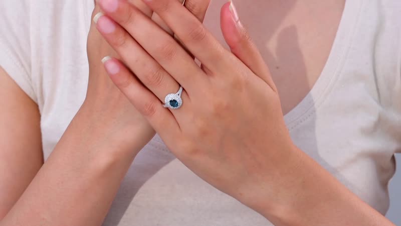 Luxoro 14K White Gold AAAA Monte Belo Indicolite, Diamond (G-H, I2) (0.45 cts) Double Halo Ring (Size 7.0) 1.30 ctw