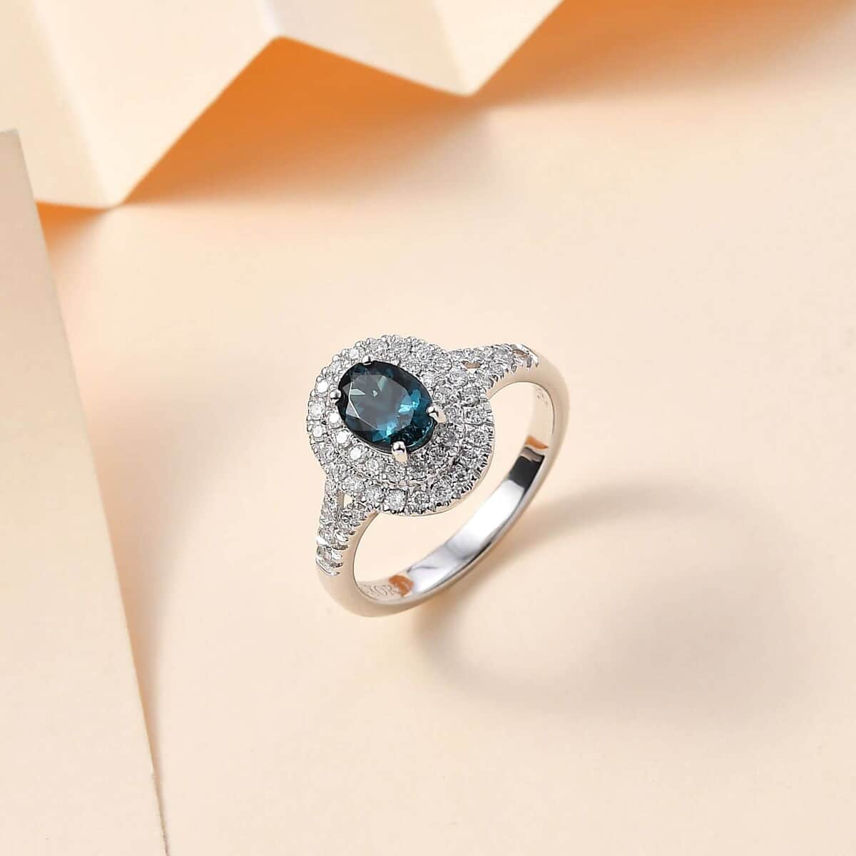 Luxoro 14K White Gold AAAA Monte Belo Indicolite, Diamond (G-H, I2) (0.45 cts) Double Halo Ring (Size 7.0) 1.30 ctw image number 1