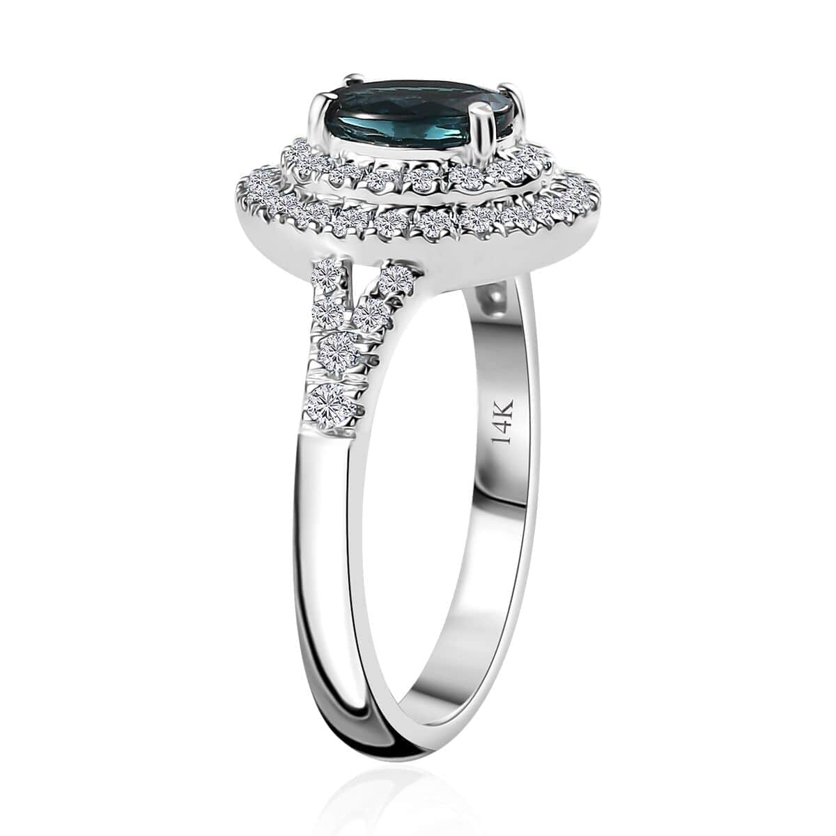 Luxoro 14K White Gold AAAA Monte Belo Indicolite, Diamond (G-H, I2) (0.45 cts) Double Halo Ring (Size 7.0) 1.30 ctw image number 3
