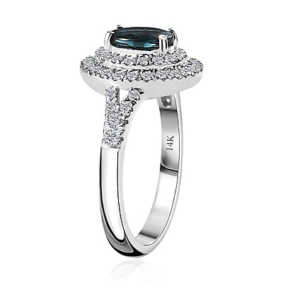 Luxoro 14K White Gold AAAA Monte Belo Indicolite and G-H I2 Diamond Double Halo Ring (Size 6.0) 1.30 ctw