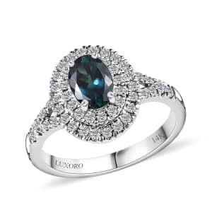 Luxoro 14K White Gold AAAA Monte Belo Indicolite and G-H I2 Diamond Double Halo Ring (Size 7.0) 1.30 ctw