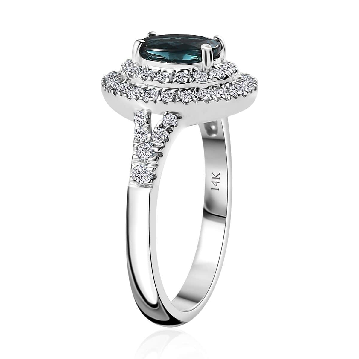 Luxoro 14K White Gold AAAA Monte Belo Indicolite and G-H I2 Diamond Double Halo Ring (Size 7.0) 1.30 ctw image number 3