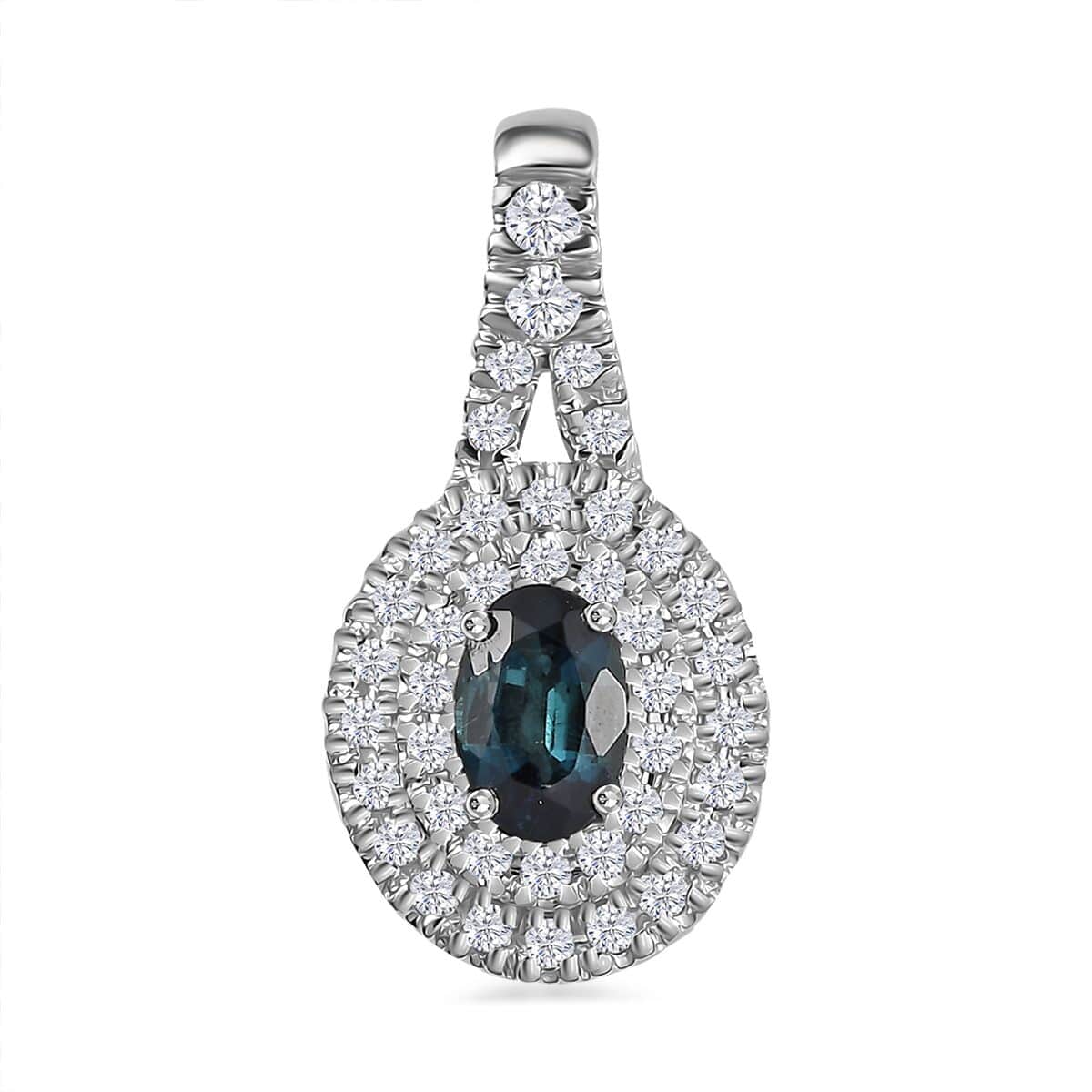 Luxoro 14K White Gold AAAA Monte Belo Indicolite and G-H I2 Diamond Double Halo Pendant 0.85 ctw image number 0