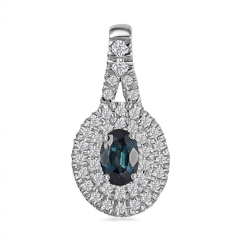 Luxoro 14K White Gold AAAA Monte Belo Indicolite and G-H I2 Diamond Double Halo Pendant without Chain 0.85 ctw