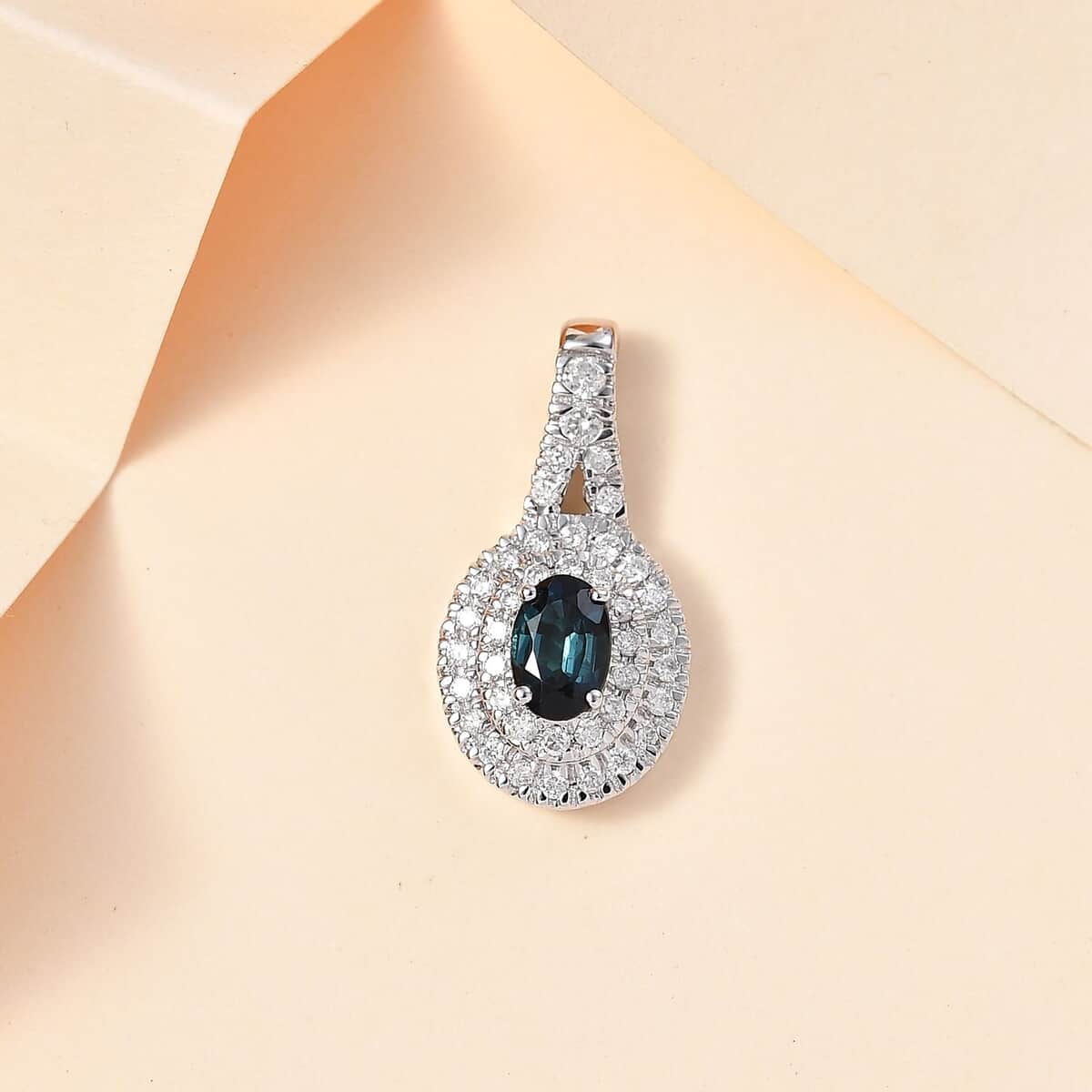 Luxoro 14K White Gold AAAA Monte Belo Indicolite and G-H I2 Diamond Double Halo Pendant 0.85 ctw image number 1
