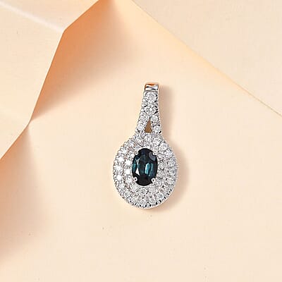 Luxoro 14K White Gold AAAA Monte Belo Indicolite and G-H I2 Diamond Double Halo Pendant without Chain 0.85 ctw