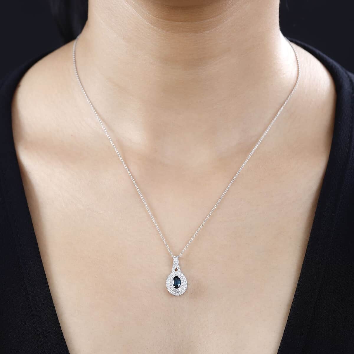 Luxoro 14K White Gold AAAA Monte Belo Indicolite and G-H I2 Diamond Double Halo Pendant 0.85 ctw image number 2