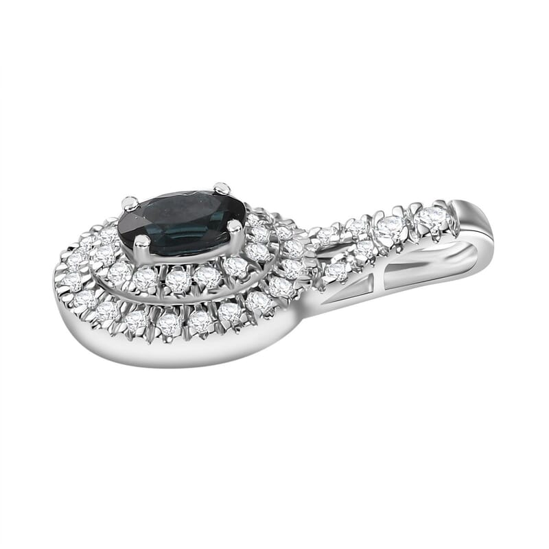 Luxoro 14K White Gold AAAA Monte Belo Indicolite and G-H I2 Diamond Double Halo Pendant without Chain 0.85 ctw