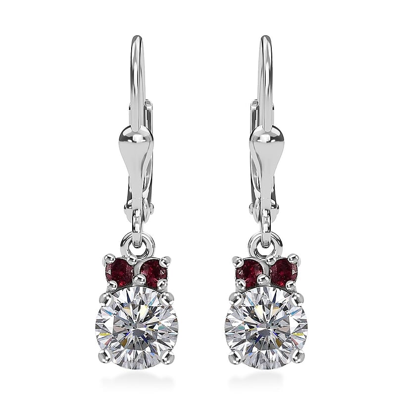 Moissanite and Anthill Garnet Lever Back Earrings in Platinum Over Sterling Silver 1.70 ctw
