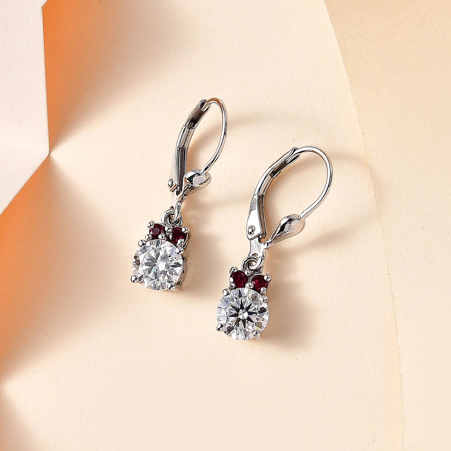 Moissanite and Anthill Garnet Lever Back Earrings in Platinum Over Sterling Silver 1.70 ctw
