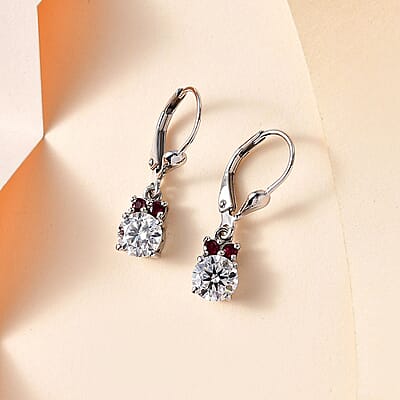 Moissanite and Anthill Garnet Lever Back Earrings in Platinum Over Sterling Silver 1.70 ctw