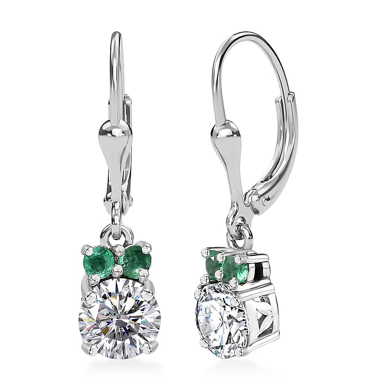 Moissanite and Kagem Zambian Emerald 1.70 ctw Lever Back Earring in Platinum Over Sterling Silver