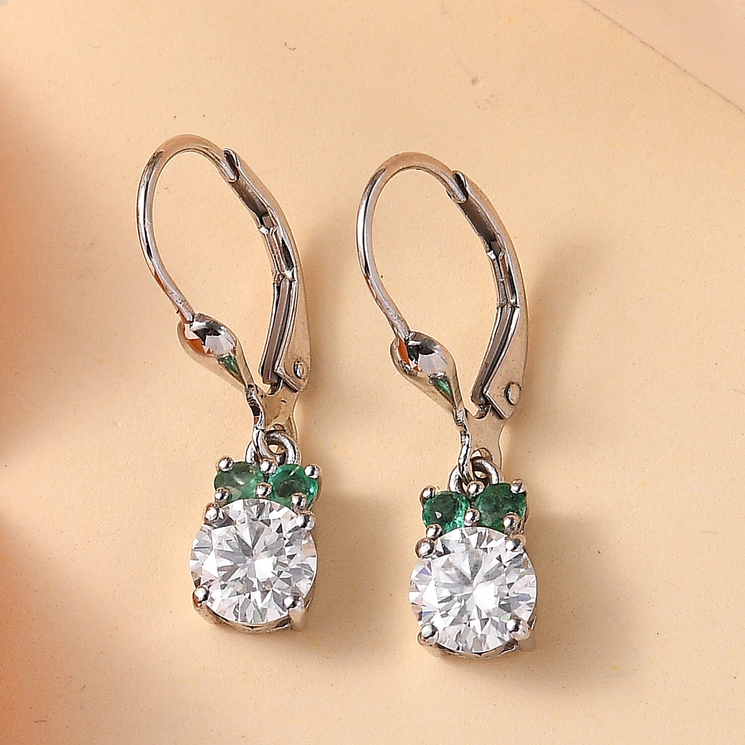 Moissanite and Kagem Zambian Emerald 1.70 ctw Lever Back Earring in Platinum Over Sterling Silver