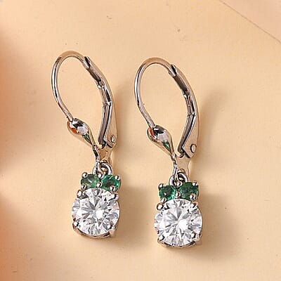Moissanite and Kagem Zambian Emerald 1.70 ctw Lever Back Earring in Platinum Over Sterling Silver