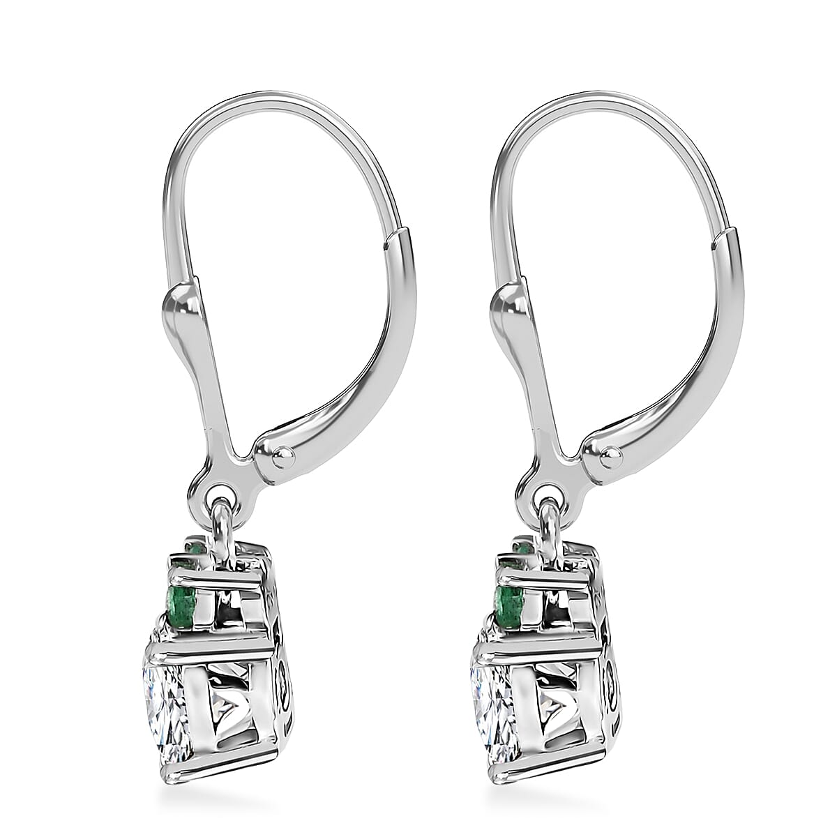 Moissanite and Kagem Zambian Emerald 1.70 ctw Lever Back Earring in Platinum Over Sterling Silver