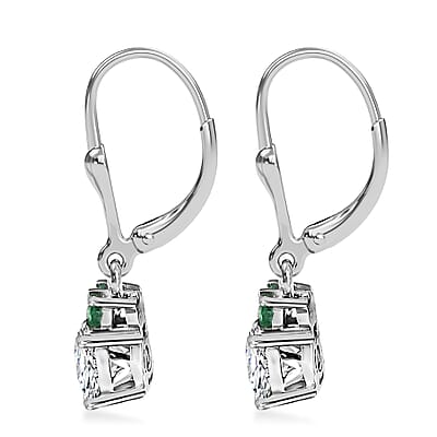 Moissanite and Kagem Zambian Emerald 1.70 ctw Lever Back Earring in Platinum Over Sterling Silver