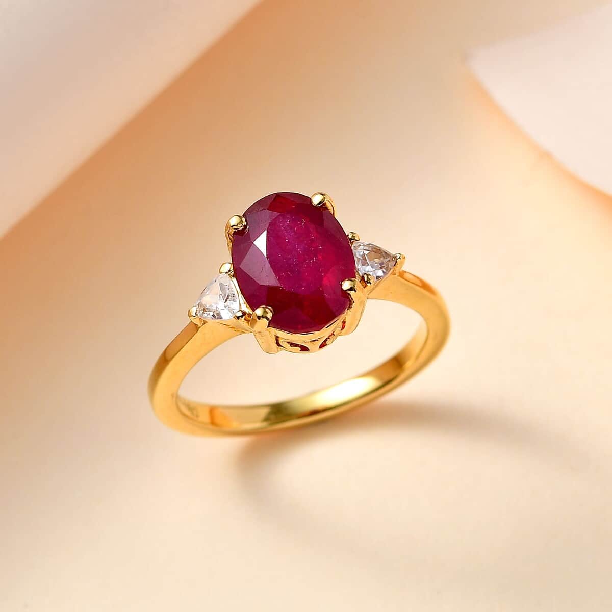 Niassa Ruby (FF) and White Zircon Ring in 18K Vermeil Yellow Gold Over Sterling Silver (Size 10.0) 3.10 ctw image number 1