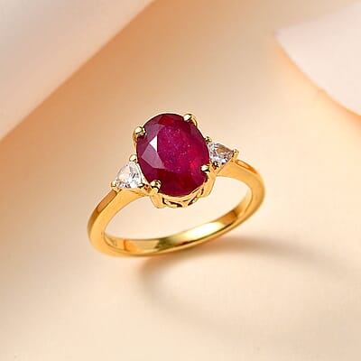 Niassa Ruby (FF) and White Zircon Ring in 18K Vermeil Yellow Gold Over Sterling Silver (Size 10.0) 3.10 ctw