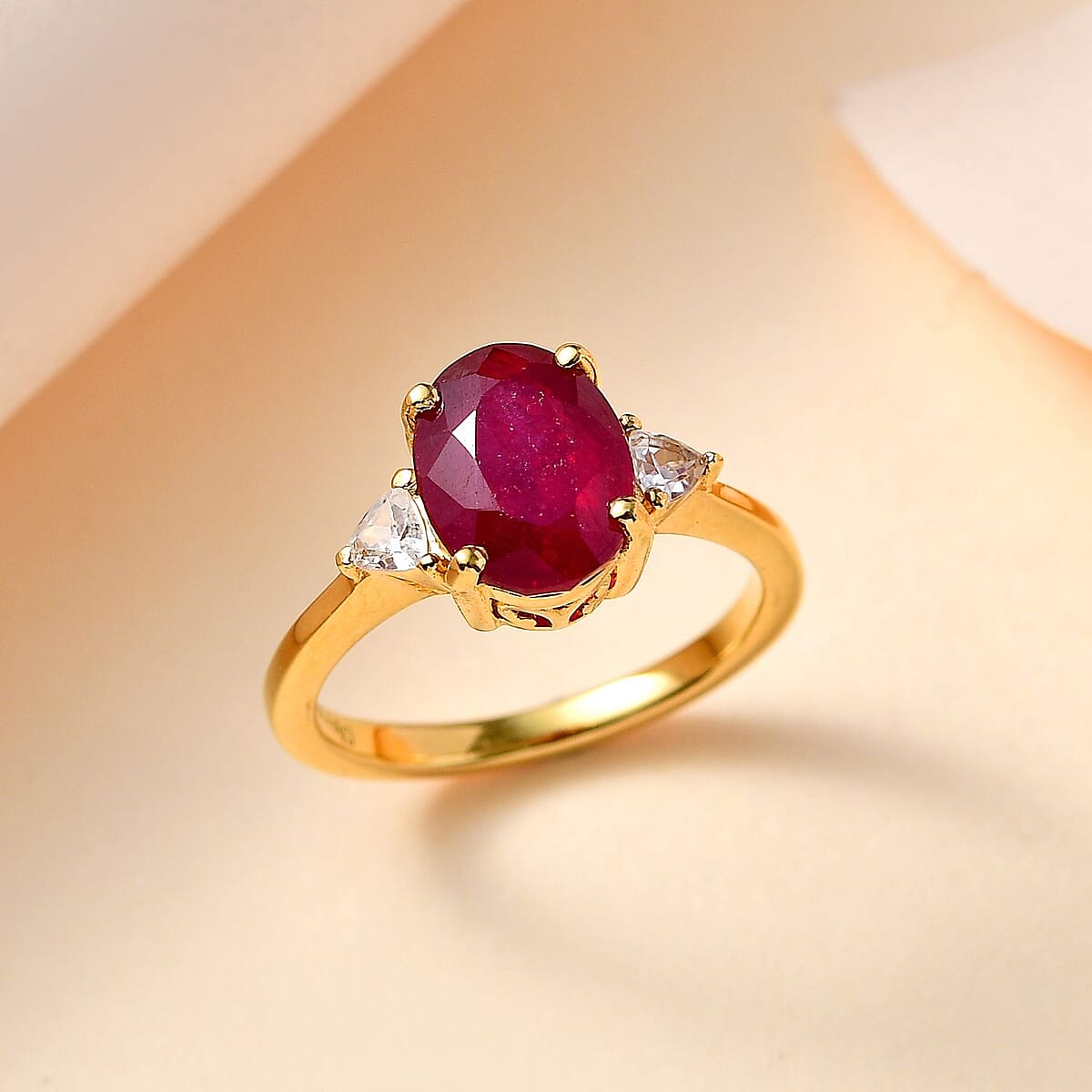 Niassa Ruby (FF) and White Zircon Ring in 18K Vermeil Yellow Gold Over Sterling Silver (Size 8.0) 3.10 ctw image number 1