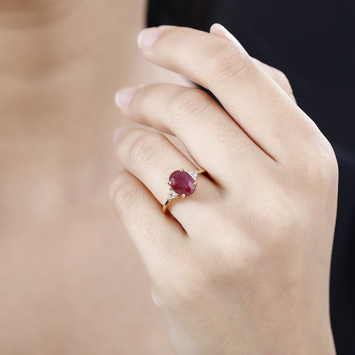 Niassa Ruby (FF) and White Zircon Ring in 18K Vermeil Yellow Gold Over Sterling Silver (Size 8.0) 3.10 ctw image number 2