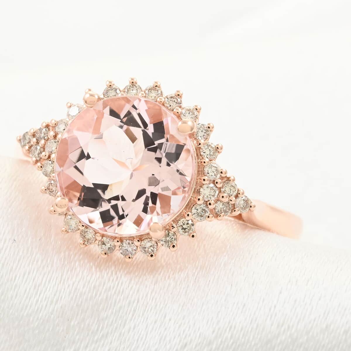 Certified & Appraised Luxoro 14K Rose Gold AAA Pink Morganite and G-H I2 Diamond Sunburst Ring (Size 5.5) 2.75 ctw image number 1