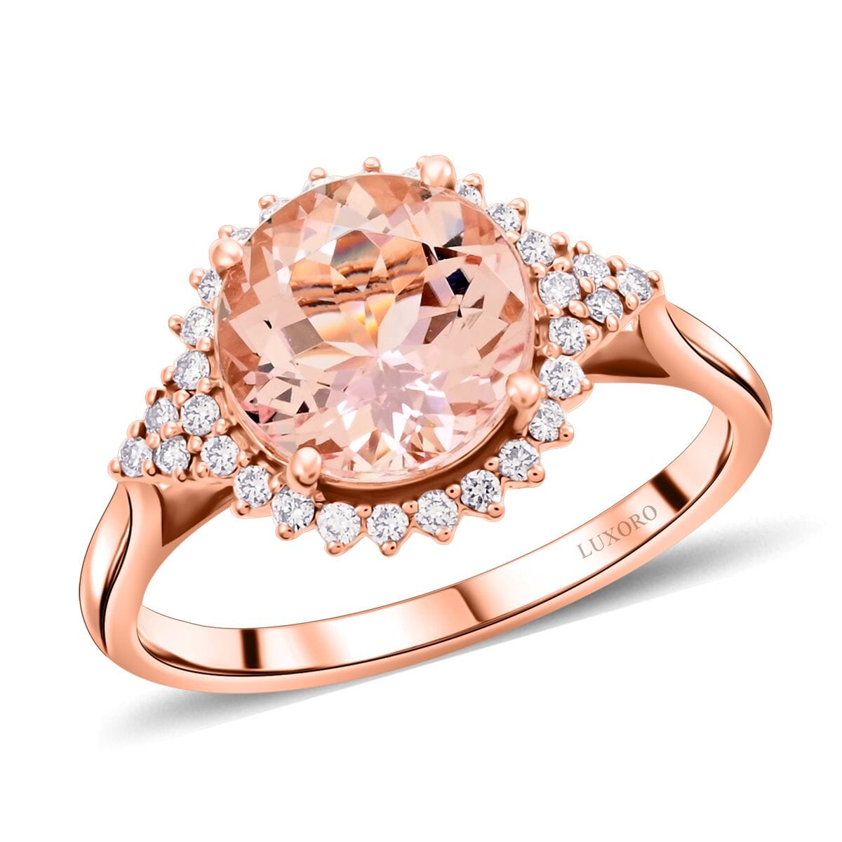 Certified & Appraised Luxoro 14K Rose Gold AAA Pink Morganite and G-H I2 Diamond Sunburst Ring (Size 7.0) 2.75 ctw image number 0