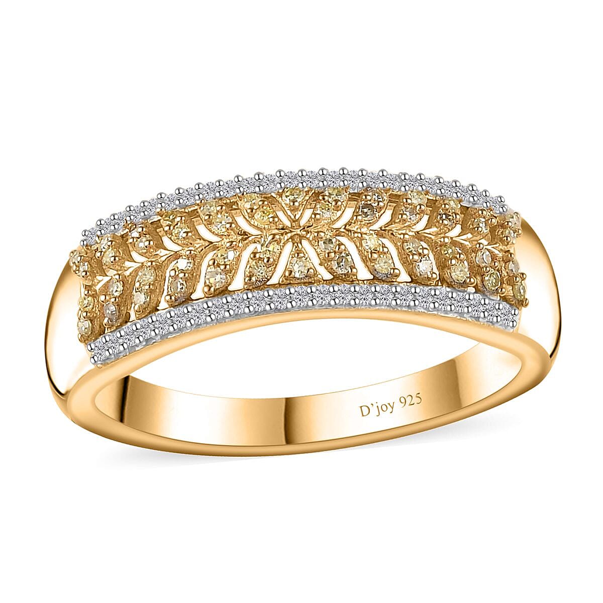 Natural Yellow Diamond I3 and White Diamond Band Ring in 18K Vermeil Yellow Gold Over Sterling Silver (Size 10.0) 0.33 ctw