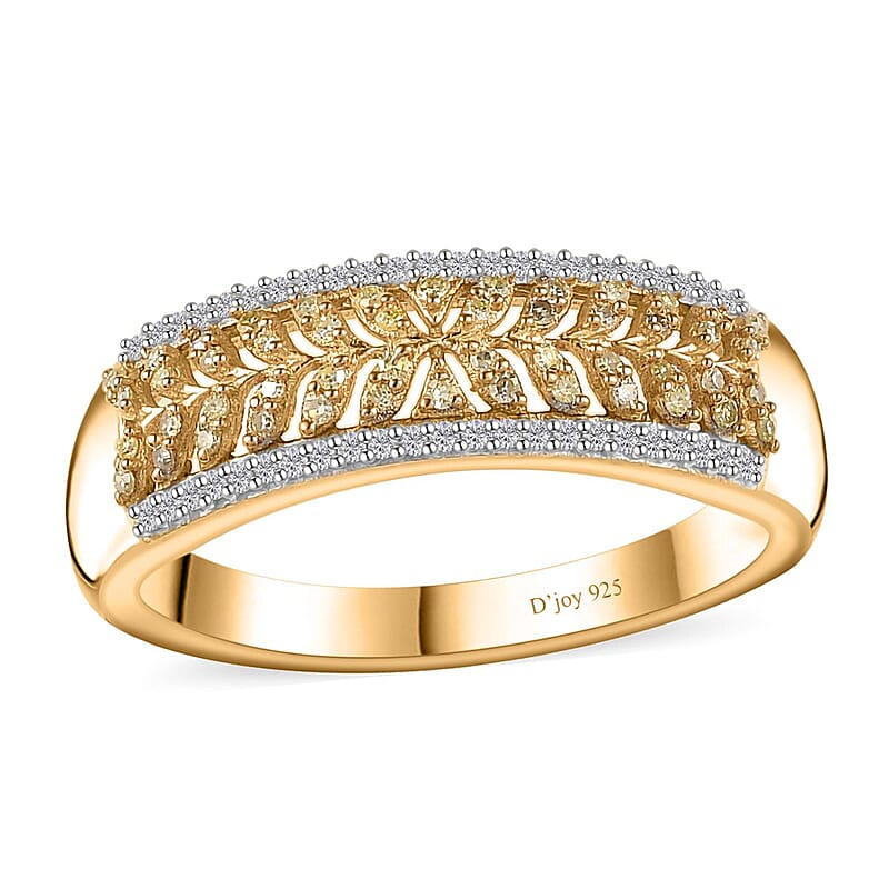 Natural Yellow Diamond I3 and White Diamond Band Ring in 18K Vermeil Yellow Gold Over Sterling Silver (Size 10.0) 0.33 ctw