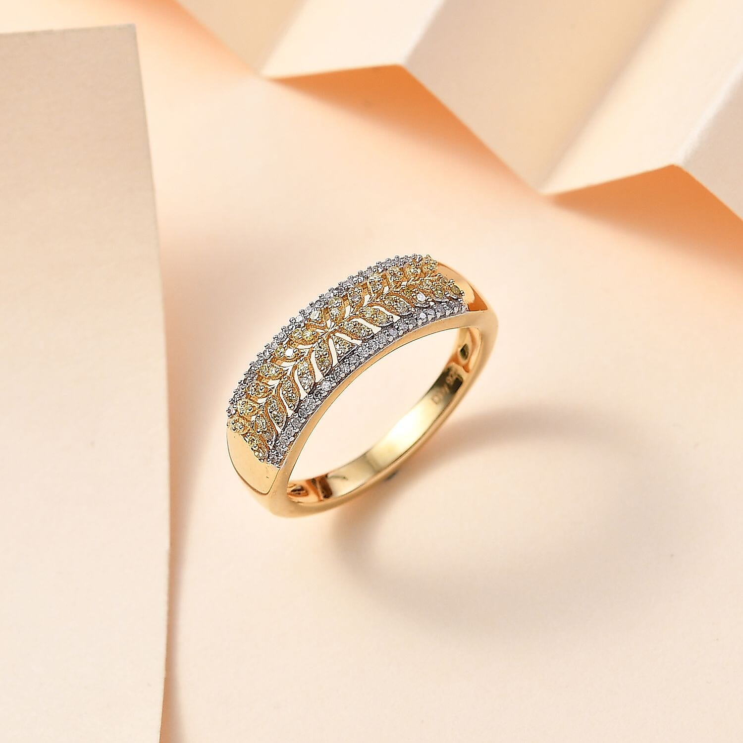 Natural Yellow Diamond I3 and White Diamond Band Ring in 18K Vermeil Yellow Gold Over Sterling Silver (Size 10.0) 0.33 ctw