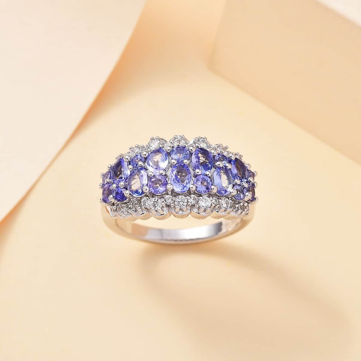 Tanzanite and White Zircon 2.40 ctw Serenity Nature Ring in Platinum Over Sterling Silver (Size 7.0) image number 1