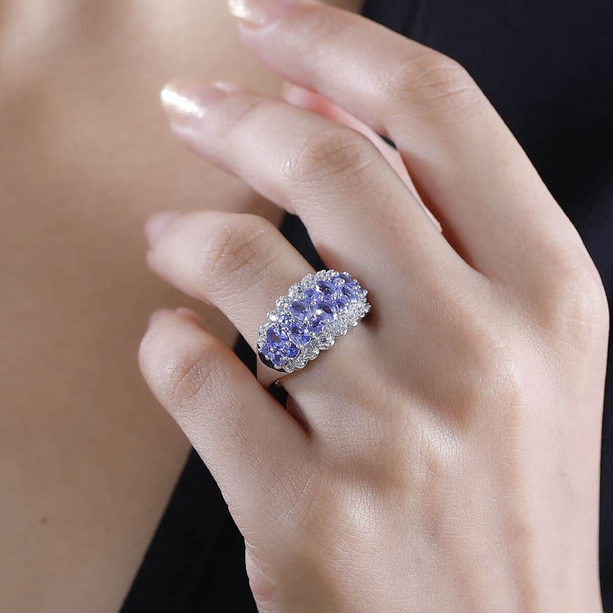 Tanzanite and White Zircon 2.40 ctw Serenity Nature Ring in Platinum Over Sterling Silver (Size 7.0) image number 2