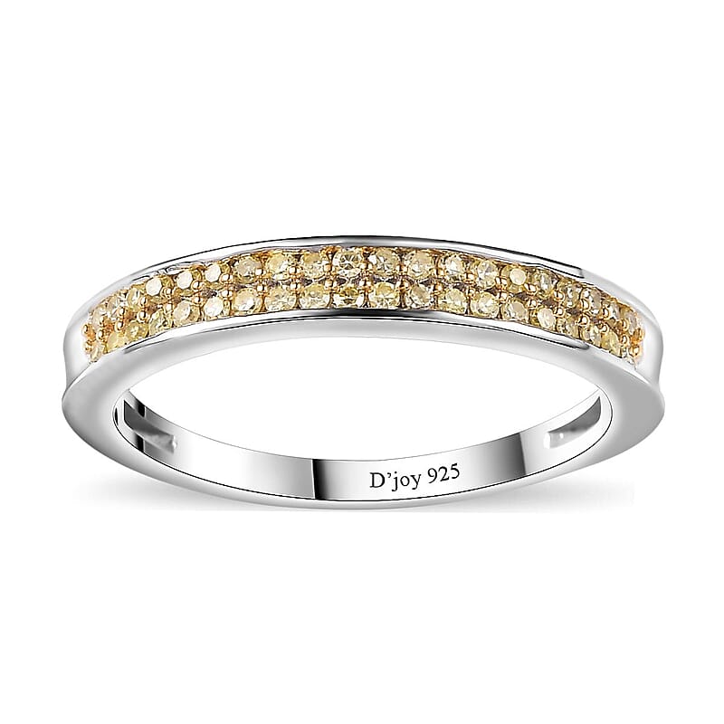 Natural Yellow Diamond I3 Band Ring in Rhodium Over Sterling Silver (Size 10.0) 0.25 ctw